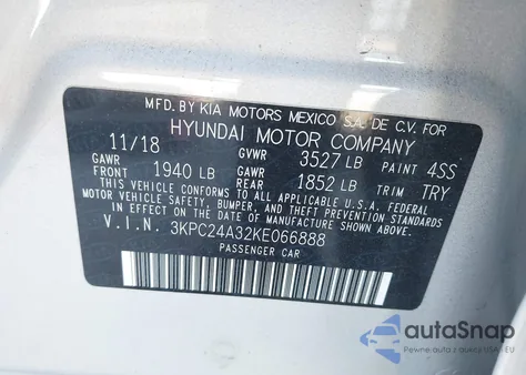 2019 Hyundai Accent Sel z USA, uszkodzony, nr VIN 3KPC24A32KE066888